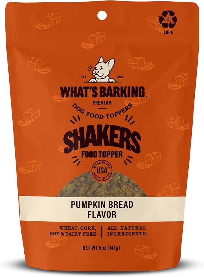 What's Barking Shakers Meal Toppers, Dog Treat Crumbles for Food Topping, Pet Essentials, Sprinkle Topper for Kibble or Wet Food, Made in USA, Resealable Bag, Pumpkin Bread Flavor, 5 oz