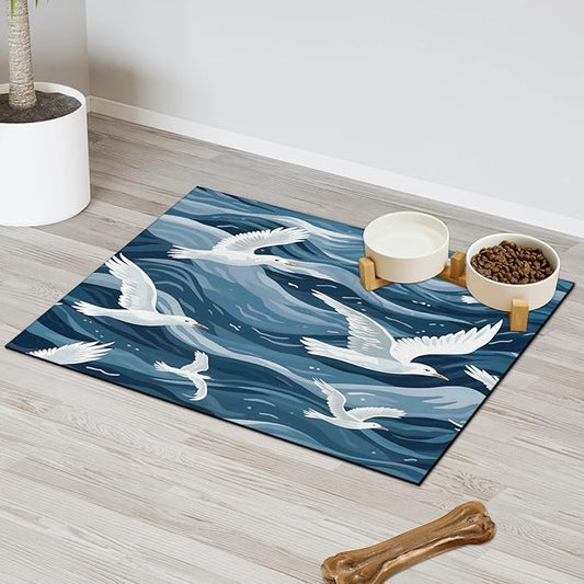 Seagull Ocean Dog Food Mat for Floors Absorbent, Quick Dry Water Dispenser Mat for Food, Water, Pet Supplies 12" x 20", Blue Beach