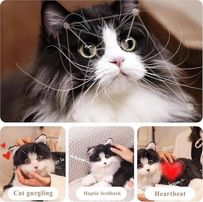 Interactive Companion Robot Cat Pets, Black Cat Stuffed Animals with Small Scarf, Emotional Support Plush with Voice Response, Realistic Heartbeat, Purring Sounds, Volume Control, Rechargeable