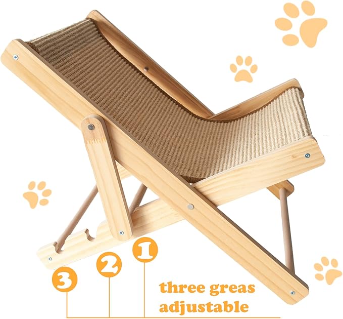 Sisal Cat Chair for Sunbathing,Adjustable Wooden Cat Lounge Chair with Sisal Mat Scratcher 3 Height Beach Kitty Hammock Bed Indoor Outdoor Lounging Scratching Furniture for Kitten Puppy Bunny
