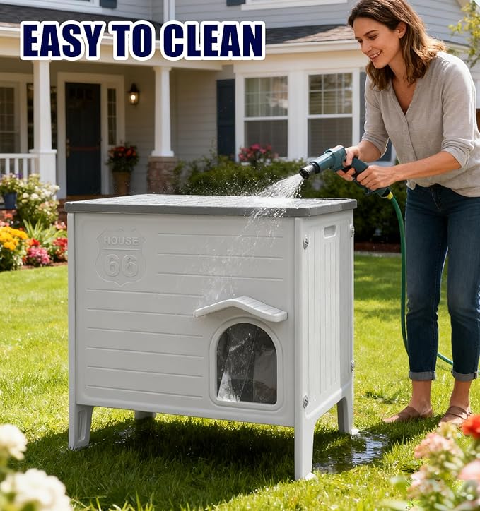 Heated Cat House Outside for Winter，Plastic Cat House Waterproof for Outdoor, Feral Cat Shelter with Escape Door, Easy to Assemble Easy to Clean