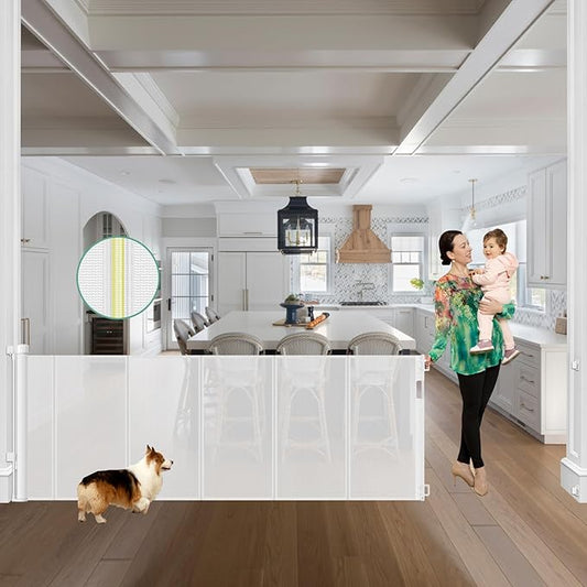 Reinforced 120 Inch Extra Long Retractable Baby & Dog Gate with Support Rods Prevents Crawling Under, 10 Ft Wide for Large Openings, Indoor/Outdoor Gate, White