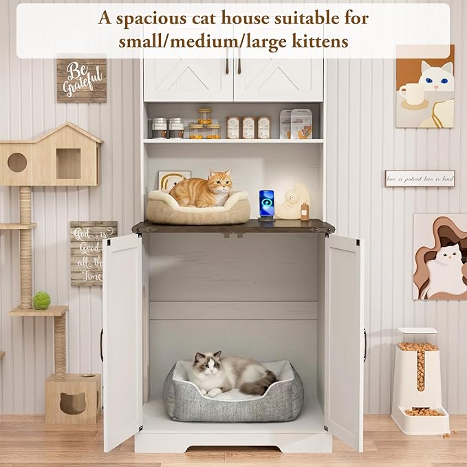 71Inches Tall Cat Litter Box Enclosure for Cats W/Power Outlets,Open Shelves.Wooden Pet Washroom Furniture W/Locks,Cabinet.White Indoor Cats House,Hidden Cat Litter Box for Living Room,Bedroom