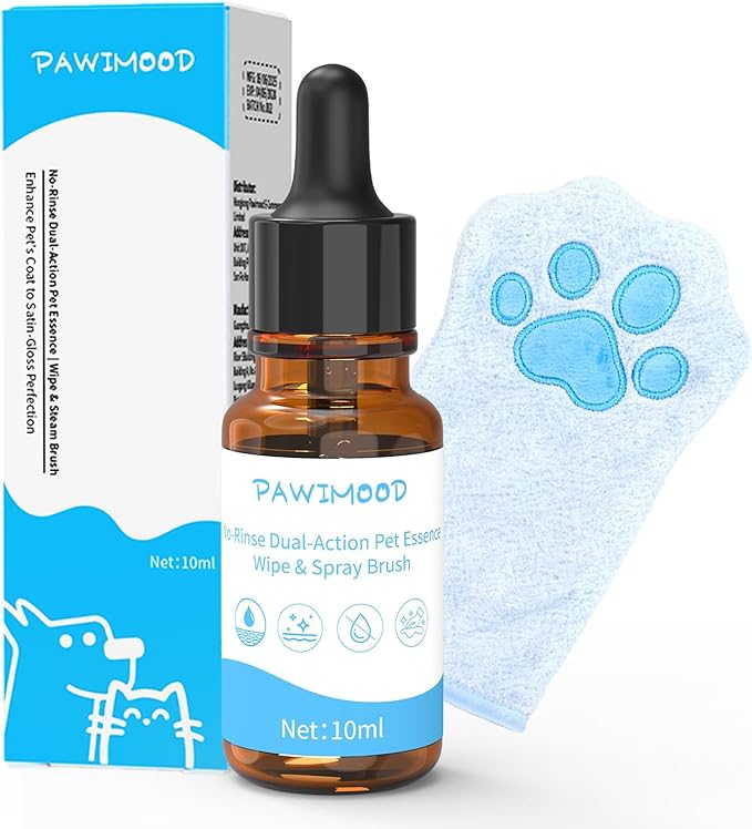 Concentrated Waterless Shampoo Essence with Blue Grooming Glove, No-Rinse & Lick-Safe Essence for Steam Brushes, Gentle Care for Cats/Kittens/Seniors, Manage Shedding & Freshness,0.34oz*1