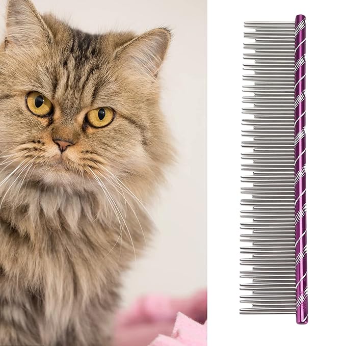 Pet Hair Removal Comb, Stainless Steel Cat Grooming Tool with Dual - Density Teeth, Open Knot Comb for Long and Short Haired Cats, Ergonomic Non - Slip Handle (Violet)