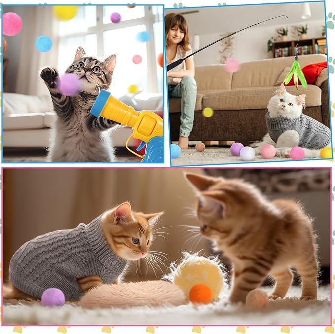 Zopeal 59 Pcs Cat Gift Sets Including Cat Bed Pillows Winter Sweater Interactive Retractable Wand Toy and Feather Toys Launcher Gun with Plush Balls for Pet Lover with Gift Wrapping Bag and Bow