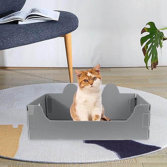 Cat Travel Toilet Large Capacity Open Litter Pan Potty for Indoor Cats Adorable Funny Design- Gray
