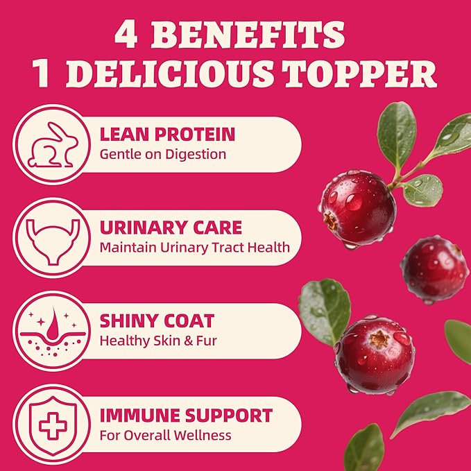 Wellix Rabbit & Cranberry Freeze Dried Raw Topper for Dogs & Cats - Freeze Dried Dog & Cat Treats for Indoor Cats - Hypoallergenic Protein, Cat UTI, Taurine for Dogs, Grain Free