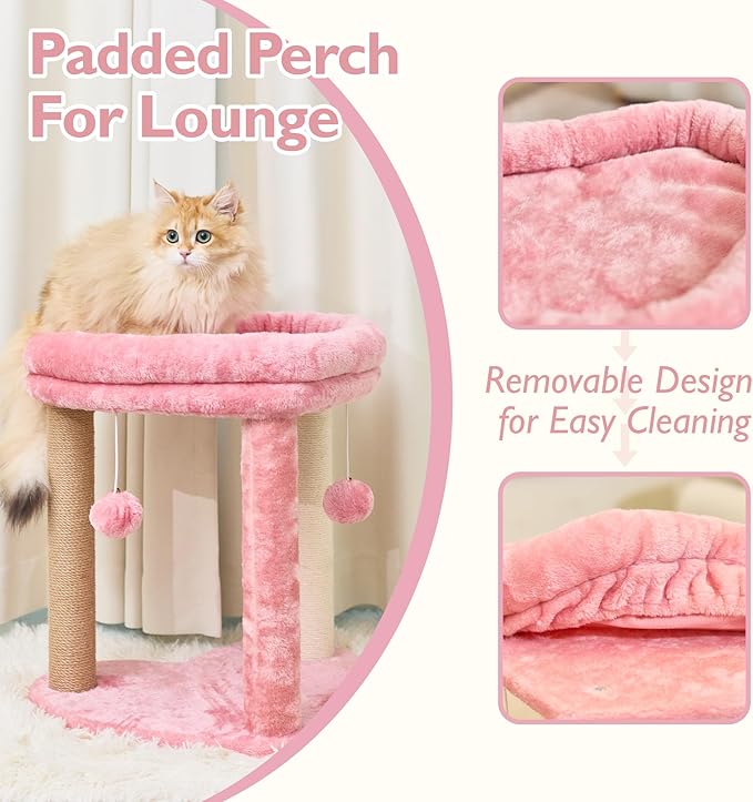 Cat Scratching Post Tree 3 in 1 Cat Tree Tower with Soft Bed, Heart Shape Scratch Posts with Two Hanging Ball Toys for Indoor Cats and Kittens Pink