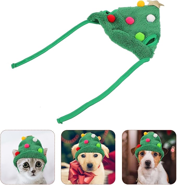 Dog Christmas Hat and Xmas Pet Hat with Pom-poms, Small Size Green Holiday Party Costume for Cats and Dogs, Festive Pet Supplies for Seasonal Celebration