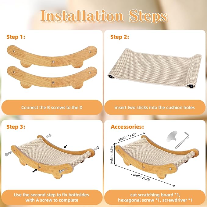 Sisal Cat Scratcher Bed Shaped U, for Indoor Cats, Hammock for Scratching Pad, Large Cat Lounge, Wooden Furniture Protector