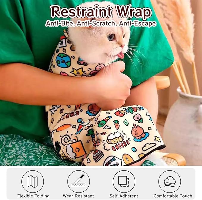 Cat Grooming Wrap – Self-Adherent Anti-Scratch Swaddle Restraint Bag for Stress-Free Nail Clipping, Medication, Multifunctional Care - Purrito Papoose Pet Tools(L 27.6 Inches within 11.1lbs)