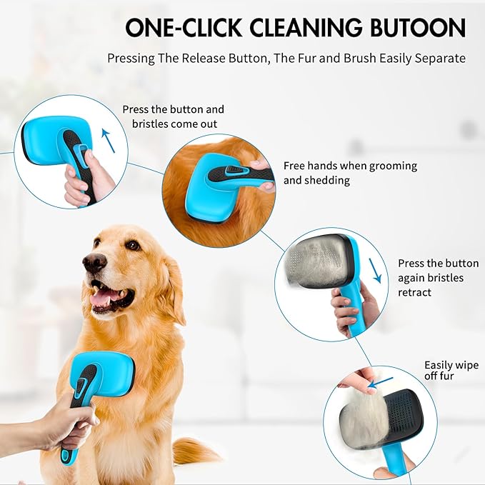 3PC Dog Brush Kit - Self-Cleaning Slicker Brush with Bath Brush & Undercoat Rake | Deshedding Tools for Large - Small Dogs & Cats, Professional Pet Grooming Set for Heavy Shedding, Blue