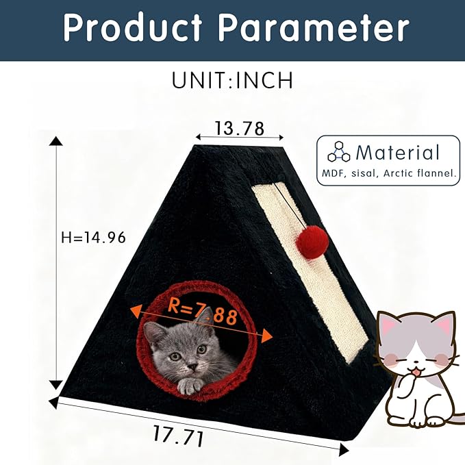 Cat Beds for Indoor - 2 in 1 Cat Cave House Tent for Kittens and Small Pets with Fluffy Ball Hanging and Scratch Pad,Foldable Kitten Hideaway with Non-Slip Bottom, Black, 17 inches