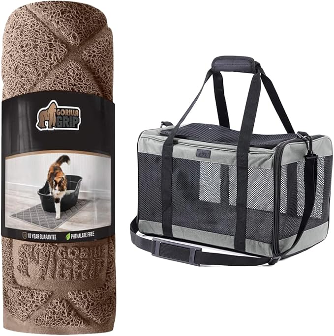 GORILLA GRIP Cat Litter Box Mat, 17x11 Inch Beige and Airline Travel Cat Carrier, 17x11x11 Inch Gray, 2 Item Bundle