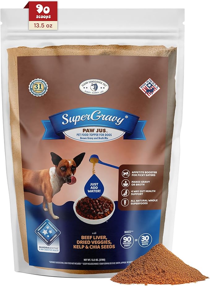 CLEAR CONSCIENCE PET® Paw Jus™ SuperGravy® – Natural Dog Food Gravy Topper – Hydration Broth Food Mix – Human Grade – Kibble Seasoning for Picky Eaters – Gluten & Grain Free (13.5 Ounce (Pack of 1))