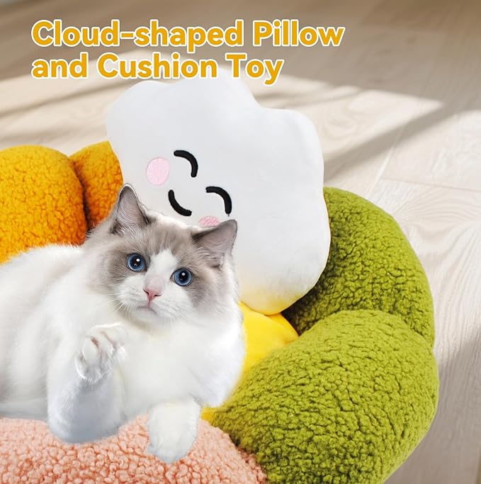 Cute Flower Cat Bed with Cloud Pillow,Calming Donut Bed for Indoor Kittens Washable Fluffy Cat Sleeping Nest Anti-Slip Bottom for Small Pet Kitten