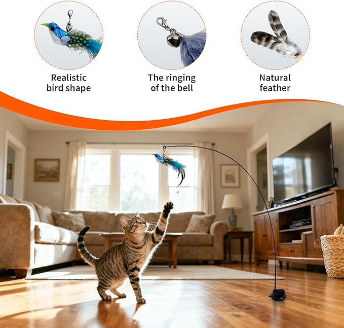 Interactive cat Feather Toy, Fishing Rod Feather Toy, Replaces Simulated Bird Feathers, Reinforced Suction Cup, Suitable for Indoor use.
