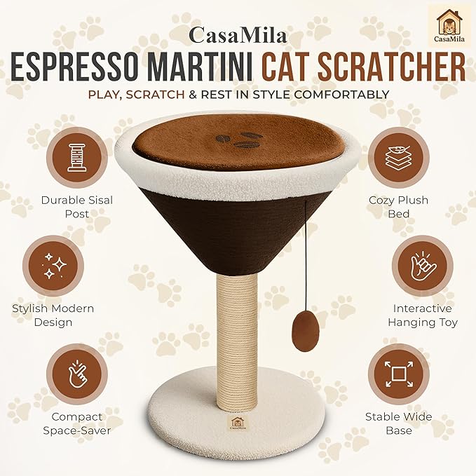 CasaMila Espresso Martini Cat Scratcher 20", Cat Scratching Post, Cat Tower, Cat Tree Tower, Scratching Post for Indoor Cats, Cat Scratcher, Small Cat Tree, Cute Cat Tree, Cat Post, Martini Cat Tree