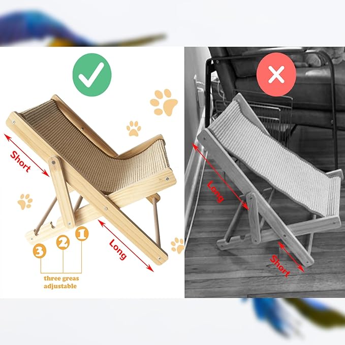 Sisal Cat Chair for Sunbathing,Adjustable Wooden Cat Lounge Chair with Sisal Mat Scratcher 3 Height Beach Kitty Hammock Bed Indoor Outdoor Lounging Scratching Furniture for Kitten Puppy Bunny