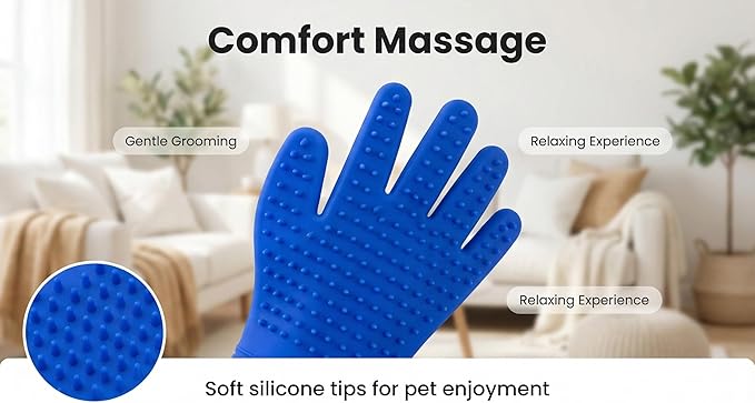 Pet Grooming & Hair Removal Gloves for Dogs & Cats, 2 Pairs Electrostatic Silicone Mitts with Soft Bristles, Enhanced 5-Finger Design for Pet Massage, Deshedding & Coat Care, Easy to Use & Clean(Blue)