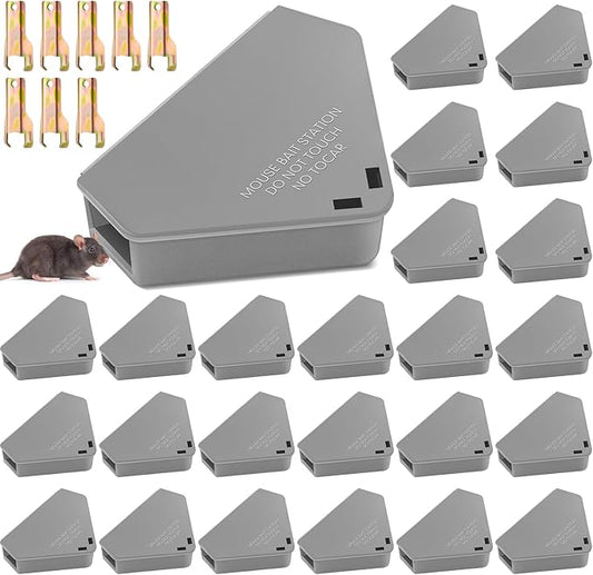 Qualirey Mice Station with Key Triangle Mouse Station Reusable Rodent Trap Box, Keeps Children and Pets Safe Indoor & Outdoor Suitable for Small Mice(Gray,24 Pcs)