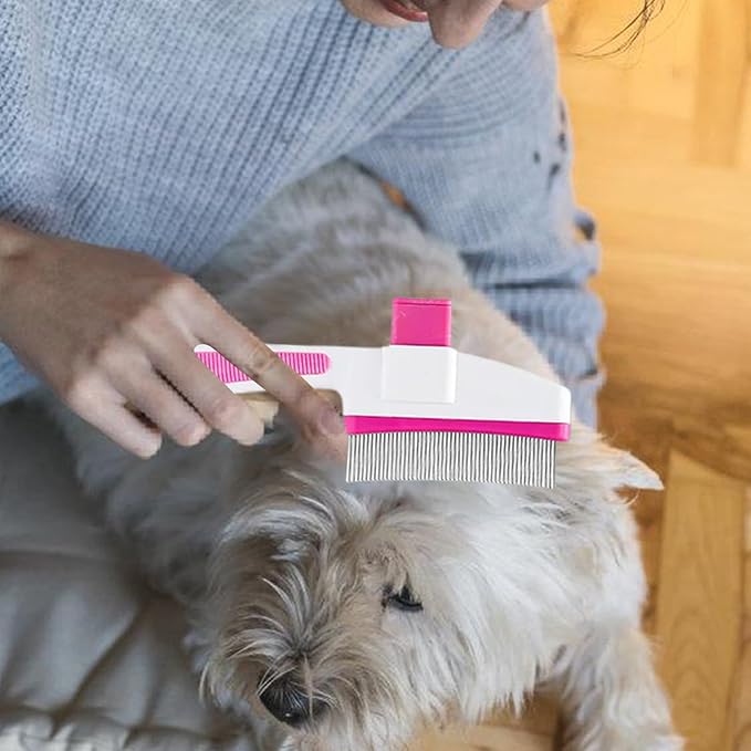 Cat Hair Brush for Dogs and Cats, Dog Grooming Supplies with Easy Release Button, Puppy Flea Cleaning Comb for Bathing Long and Short Hair Pets, Indoor Outdoor Removal, Soft Gentle Grooming Tool