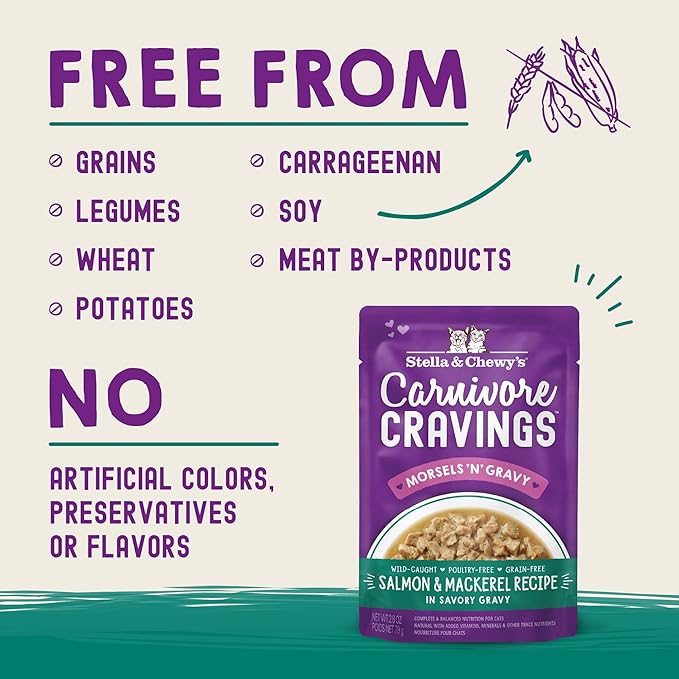 Stella & Chewy's Carnivore Cravings Wet Cat Food Pouches - Premium Salmon & Mackerel Recipe - Grain-Free Morsels & Gravy - Perfect for Picky Eaters - Complete Meal or Topper - 2.8oz, 12-Pack