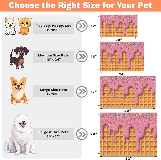 Ice Cream Dog Food Mat for Floors Absorbent Dog Bowl Mat for Food and Water Dispenser Quick Dry Cat Food Placemat Pet Supplies 17" x 30", Waffle