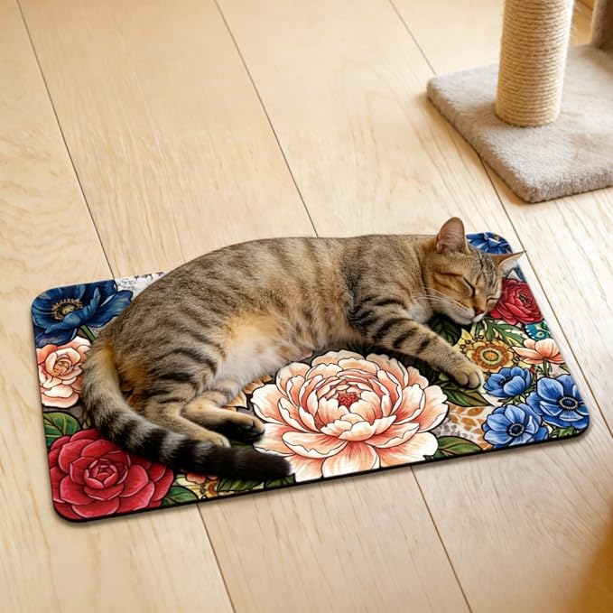 GLOBLELAND Vintage Mandala Flowers Pet Food Mat for Floors 11.8×20 inch Dogs Food Mats Absorbent Dog Bowl Mat Quick Dry Dog Cat Pet Placemats Pets Supplies for Water Dispenser