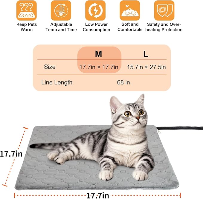 Pet Heating Pad for Cats & Dogs Indoor Outdoor, Warming Cat Heating Pad with Chew Resistant Cord, Adjustable Temperature & Time, Heated Cat Bed Mat Waterproof for Cats Small Dogs, 17.7'' × 17.7''