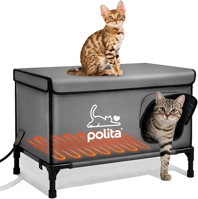 Polita Indestructible Heated Cat House for Outdoor Cats All Seasons, Extremely Insulated & 100% Weatherproof, Elevated Feral Cat Shelter with Waterproof Eaves &Safe Escape Door for Stray & Barn Cats