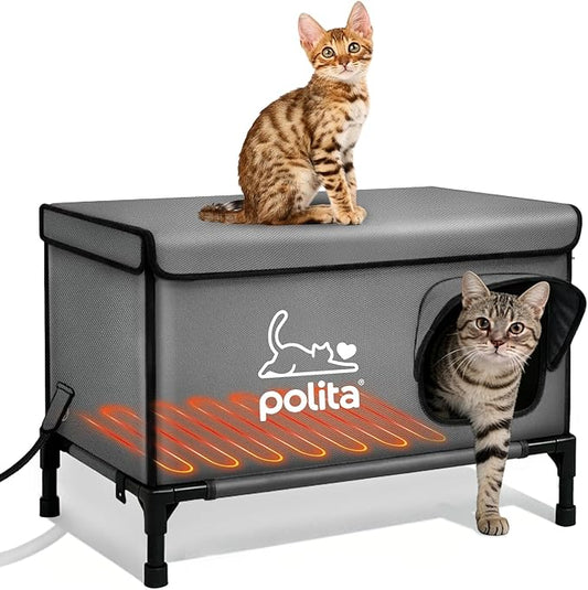 Polita Indestructible Heated Cat House for Outdoor Cats All Seasons, Extremely Insulated & 100% Weatherproof, Elevated Feral Cat Shelter with Waterproof Eaves &Safe Escape Door for Stray & Barn Cats