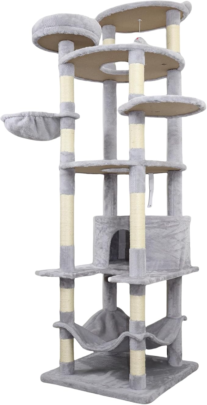 78.8 Inches Cat Tower for Indoor Cats, Cute Cat Tree with Cozy Condo, Platform, Hammock, Sisal Scratch Board and Interactive Toy (Light Gray)