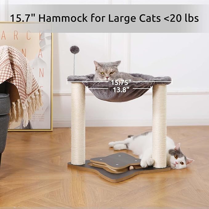 FluffyDream Cat Scratching Post for Indoor Cats, Small Cat Tree Tower with Hammock,Wooden Interactive Ball Track for Kitten and Adult Cats,18inches (Grey)