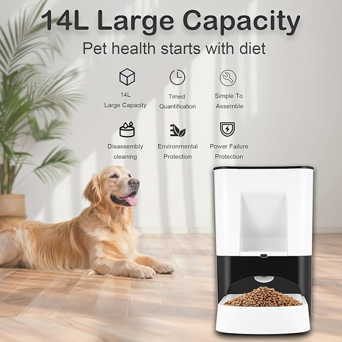 Large Automatic Dog Feeder, 14L Extra Large Breed Auto Dog Feeder Timed Programmable Pet Food Dispenser, Portion Control Voice Recording Suitable for Large and Medium-Sized Dogs