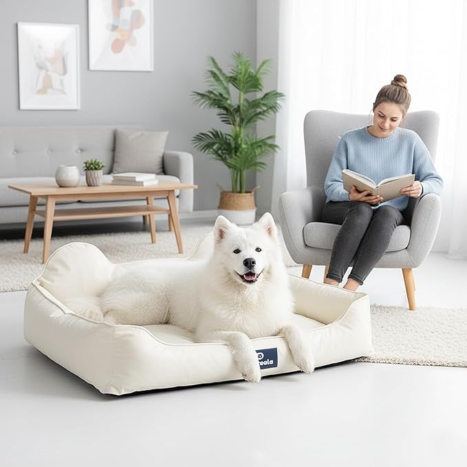 EarsUp Dog Bed 31Inch Leather Dog Sofa, Detachable Orthopedic Puppy Beds, Rectangle Pet with Non-Slip Bottom, Waterproof, Machine Washable (White)