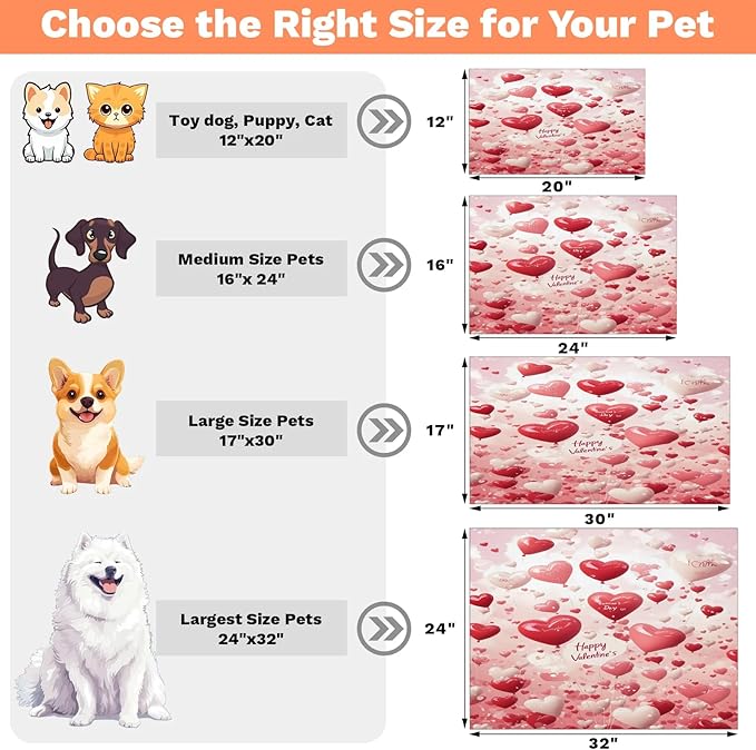 Happy Valentine's Dog Food Mat for Floors Absorbent, Quick Dry Water Dispenser Mat for Food, Water, Pet Supplies 12" x 20", Pink Love