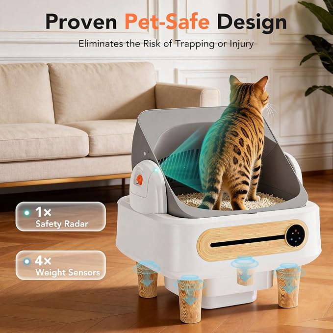 RPZ Automatic Cat Litter Box Self Cleaning, Robot Litter Box for Multiple Large Cats, Open Top Auto App Control Ultra-Quiet, Durable, Keep Home Freshness, Wood Grain
