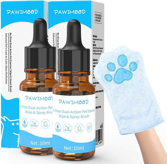 2PCS Concentrated Waterless Shampoo Essence with Blue Grooming Glove, No-Rinse & Lick-Safe Essence for Steam Brushes, Gentle Care for Cats/Kittens/Seniors, Manage Shedding & Freshness,0.34oz*2