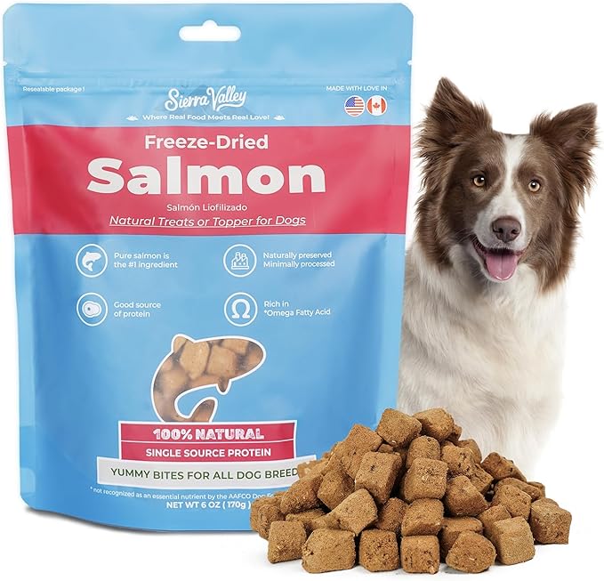 Freeze-Dried Salmon Dog Treats with Omega-3, Skin & Coat Health Soft Cubes, Single-Protein Limited Ingredient Diet, 2cm Easy Chew Size, Grain-Free Resealable Bag 6oz