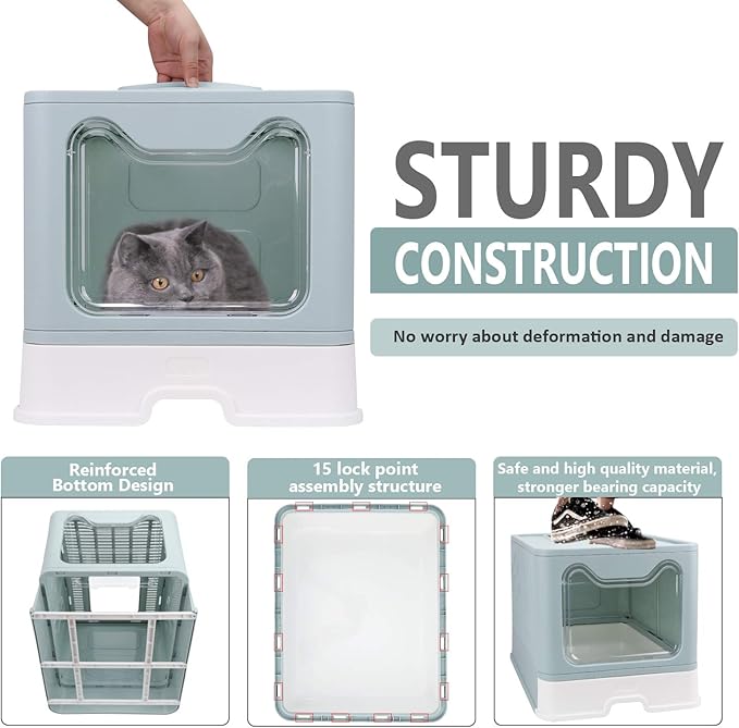 Foldable Cat Litter Box with Lid, Enclosed Potty, Large Top Entry Anti-Splashing Toilet, Easy to Clean Including Litter Scoop and 2-in-1 Cleaning Brush (Blue)