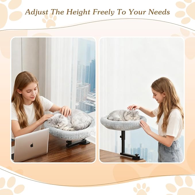 VERIFOST Cat Bed for Desk with Adjustable Height & 360 Rotation Elevated, Heavy-Duty Cat Desk Bed for Small Space, Soft & Comfortable Modern Unique Kitten Furniture, Indoor Cats Up to 60 lbs (Gray)
