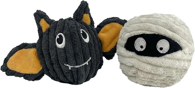 Pet Lou Batmmy EZ Squeaky Ball Dog Toy, Twin Pack (4"), Bat & Mummy Head, Durable Plush Dog Squeaker Toys, Stuffing-Free Pet Supplies for Small & Medium Dogs