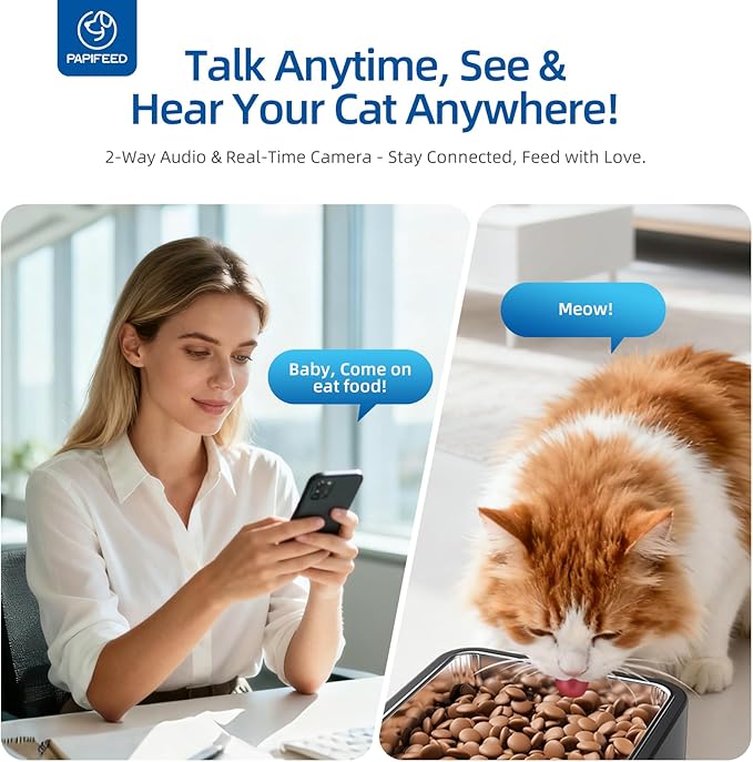 PAPIFEED Automatic Cat Feeder with 720p HD Camera & Night Vision, Two-Way Audio, 6L Smart Feeder with App Control via 2.4G WiFi, Easy Clean Detachable, Schedule 1-10 Meals/Day for Cats & Dogs - Black
