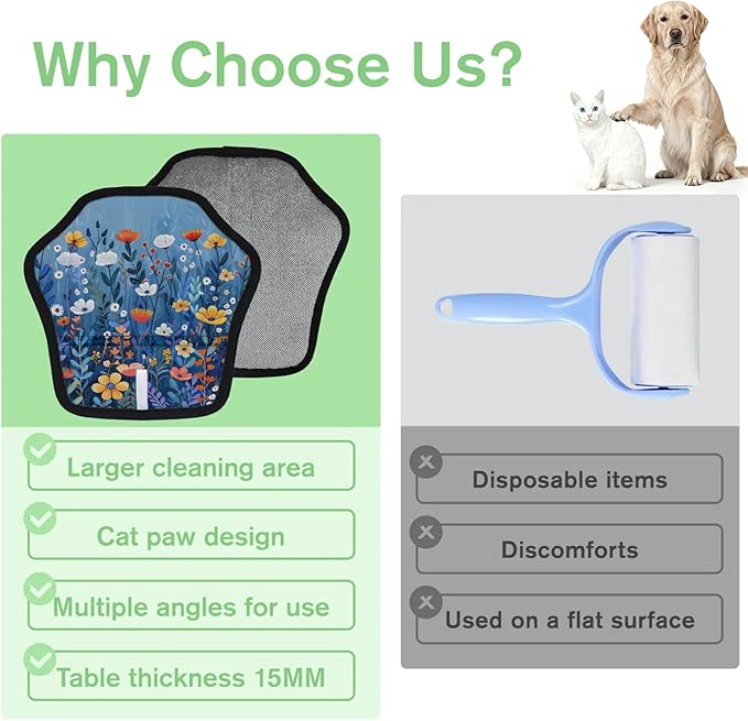 Reusable Pet Hair Removal Glove Wildflower Theme Magic Brush for Cat & Dog Hair Remover for Car, Sofa, Bedding, Clothes - 9x9 Mitt Washable