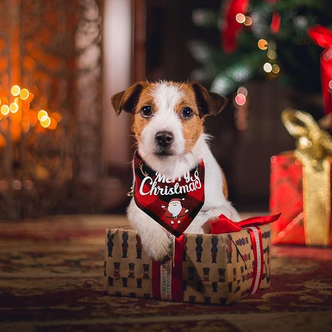 2pcs Plaid Dog Christmas Scarves Triangle Bibs Cotton Pet Bandanas Festive Xmas Supplies for Small and Medium Dogs