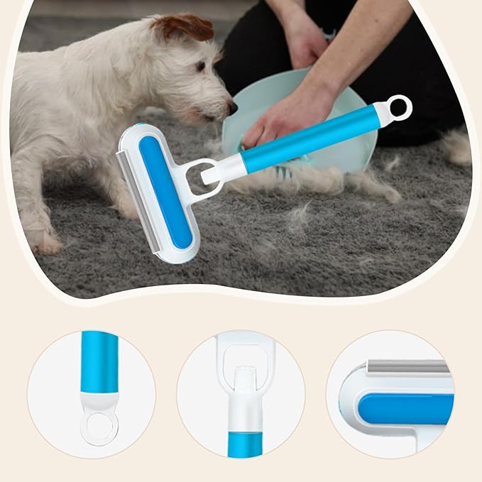 Pet Hair Removal Brush Glass Washable 3 in 1 Lightweight Cat Hair Remover Grooming Brush for Indoor Bedding Doors, Blue