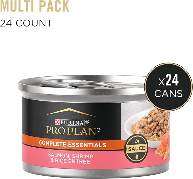 Purina Pro Plan Pate, Gravy Wet Cat Food, COMPLETE ESSENTIALS Salmon, Shrimp & Rice Entree in Sauce - (Pack of 24) 3 oz. Pull-Top Cans