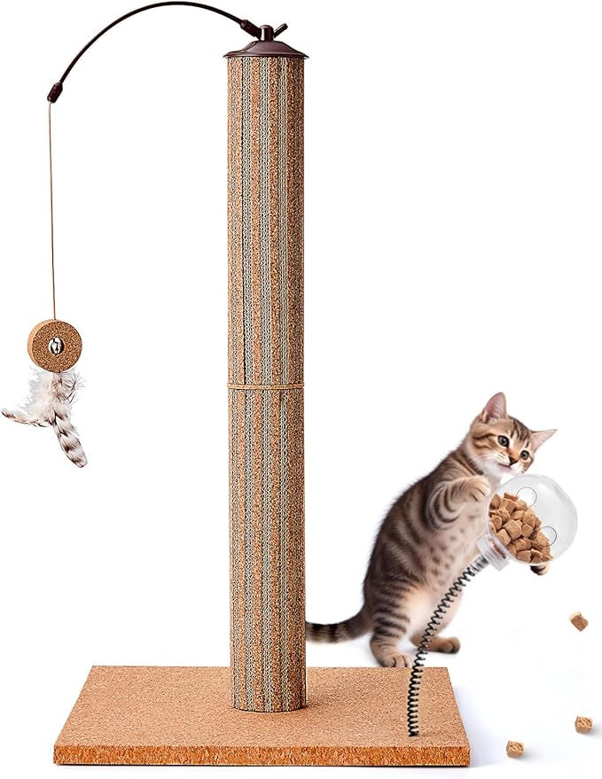 Kitten Claw Friendly Scratching Post Cork & Cardboard Mix Indoor 26" Premium Durable Nature Kittens Scratch Post Tree with Snack Ball & Feather Interactive Toys for Novice Cat Owner
